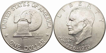 США 1 доллар 1976 D, 200 лет независимости, Президент Эйзенхауэр, колокол, тип II KM 206 медь плакированная медно-никелем 58-732