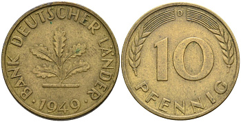 ФРГ 10 пфеннигов 1949 D KM 103 сталь плакированная латунью 4571-527