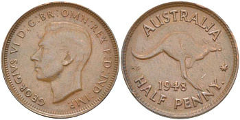 Австралия 1/2 пенни 1948 p, Георг VI (1937-1952), кенгуру KM 41 бронза 4514-831
