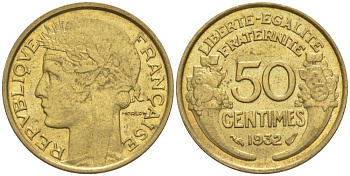 ФРАНЦИЯ 50 САНТИМОВ 1932 ТИП MORLON, OPEN 9, С ЯГОДОЙ KM 894.1, LE FRANC 192.7 алюминиевая бронза 44-721