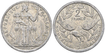 Французская Новая Каледония 2 франка 1990 птица кагу, (IEOM) KM 14, Schoen 11, Lec 66 алюминий    23-527