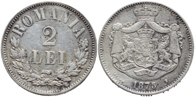 Румыния 2 лея 1875 b, Кароль I как принц (1866-1881) KM 8 серебро 1530-1145