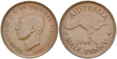 Австралия 1/2 пенни 1948 p, Георг VI (1937-1952), кенгуру KM 41 бронза 4514-831
