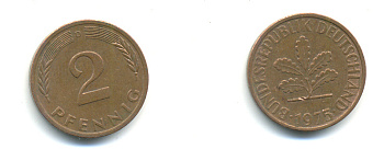 ФРГ 2 ПФЕННИГА 1975 D KM 106a, J.381a сталь плакированная сталь плакированная медьюю 176-711