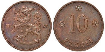 Финляндия 10 пенни 1938 KM 24 медь 51-3041