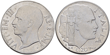 ИТАЛИЯ 20 ЧЕНТЕЗИМО 1942 ВИКТОР ИМАНУИЛ III, МАГНИТНАЯ, ГУРТ РИФЛЕНЫЙ KM 75b нержавеющая сталь 31-1156