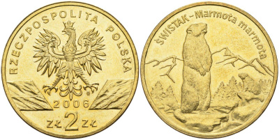 Польша 2 злотых 2006 MW, серия всемирная природа, альпийский сурок KM 534, Parchimowicz 988 нордик UNC 4676-342