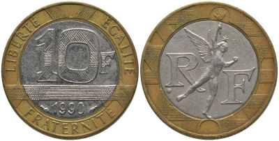 Франция 10 франков 1990 тип Гений Бастилии KM 964.1, Le Frank 375.5 биметалл 181-437