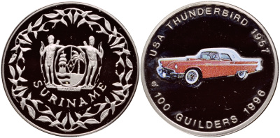 Суринам 100 гульденов 1996 США, Thunderbird 1957, эмаль KM 47 медно-никель PROOF 1524-712
