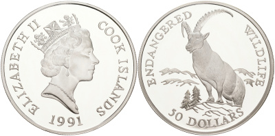 Острова Кука 50 долларов 1991 серия охрана окружающей среды, горный баран KM 120 серебро PROOF 11-263-42
