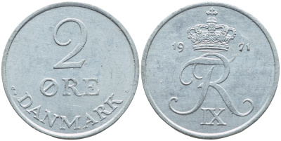Дания 2 эре 1971 C; S, Фредерик IX (1947-1972) KM 840.2 цинк 37-827
