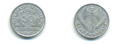 ФРАНЦИЯ 50 САНТИМОВ 1943 ПРАВИТЕЛЬСТВО ВИШИ KM 914.1, LE FRANC 196.1 алюминий 80-867