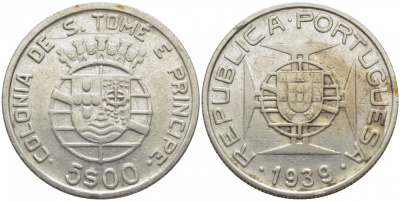 Португальское Сан-Томе и Принсипи 5 эскудо 1939 первый год KM 6 серебро 413-2041