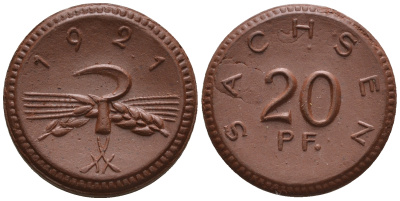 Саксония 20 пфеннигов 1921 колосья и серп J. N 53 фарфор UNC 1094-8-83