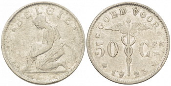 БЕЛЬГИЯ 50 САНТИМОВ 1923 BELGIE KM 88 никель 261-1651