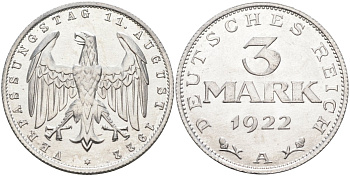 Германия 3 марки 1922 A, третья годовщина Веймарской Конституции KM 29, J.303 алюминий UNC 4587-231