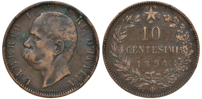 Италия 10 чентезимо 1894 B/I, Умберто I (1878-1900) KM 27.1 медь 4512-813