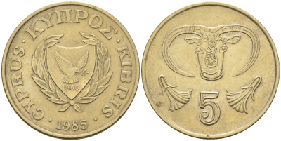 Кипр 5 центов 1985 голова быка KM 55.2 никель латунь    4595-931