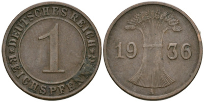 Германия 1 рейхспфенниг 1936 A KM 37, J. 313 бронза 4528-1224