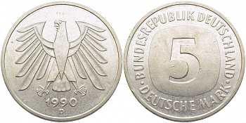 ФРГ 5 МАРОК 1990 D, J. 415, KM 140.1 медно-никель плакированный никелем 109-845