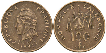 Французская Новая Каледония 100 франков 1984 хижина среди сосен и пальм, (IEOM) KM 15, Schoen 16, Lec 134 никель бронза 88-424
