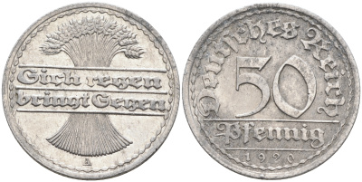Германия 50 пфеннигов 1920 А KM 27 J.301 алюминий    4589-216