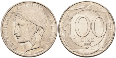 Италия 100 лир 1993 R, дельфин KM 159 медно-никель 86-1136