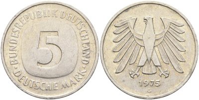 ФРГ 5 марок 1975 G, монетный двор Карлсруэ КМ 140.1, J. 415 медно-никель плакированный никелем 4139-116