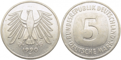 ФРГ 5 МАРОК 1990 D, J. 415, KM 140.1 медно-никель плакированный никелем 109-845