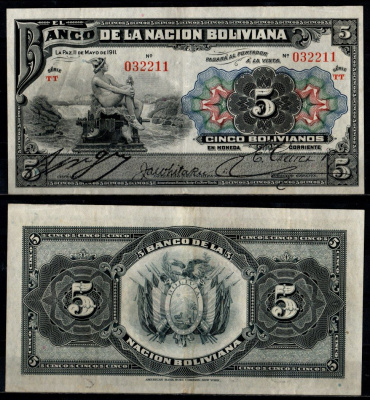 Боливия 5 боливиано 1911 Pick 105 b (2-1) бумага 6280-5-3-2