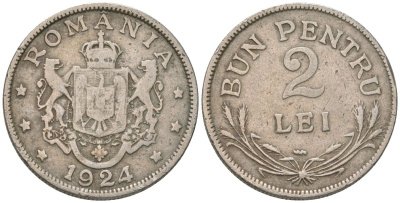 Румыния 2 лея 1924 Фердинанд I (1914-1927) KM 47 медно-никель 4586-814
