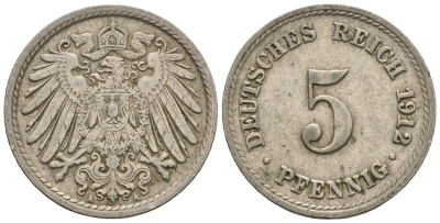 Германия 5 пфеннигов 1912 A, KM 11, J. 12 медно-никель 220-638