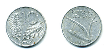 ИТАЛИЯ 10 ЛИР 1955 R, КОЛОСЬЯ, ПЛУГ KM 93 алюминий 23-1154