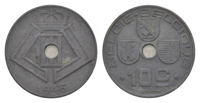 Бельгия 10 сантимов 1946 Belgie - Belgique, Леопольд III (1934-1947), германская оккупация, Вторая мировая война KM 126 цинк 4639-154
