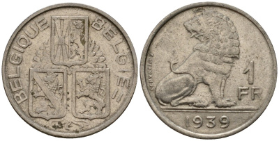 Бельгия 1 франк 1939 Belgique - Belgie KM 119 никель 4603-1236