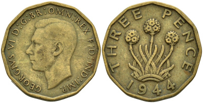 Великобритания 3 пенса 1944 Георг VI (1936-1952) KM 849, Spink 4112 никель латунь 4150-727