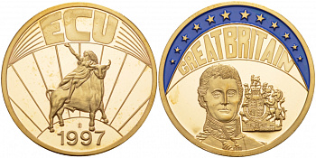 ЕВРОПА МЕДАЛЬ 1997 ЭКЮ, ВЕЛИКОБРИТАНИЯ, ЭМАЛЬ, диаметр 40 мм., вес 33,5 гр. медно-никель PROOF 1088-6-44