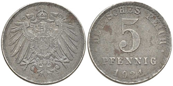 Германия 5 пфеннигов 1921 A KM 19, J. 297, Weege 5 железо 206-733