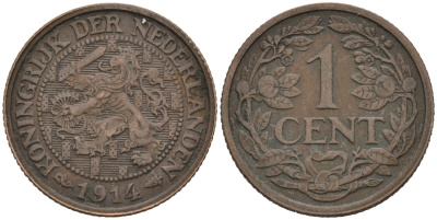 Нидерланды 1 цент 1914 Вильгельмина (1890-1948) KM 152 бронза 4576-714