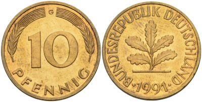 ФРГ 10 пфеннигов 1991 G KM 108, J. 383 сталь плакированная латунью 4175-1115