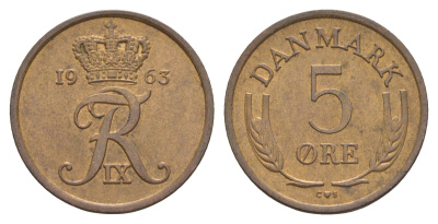 Дания 5 эре 1963 C; S, Фредерик IX (1947-1972) KM 848.1 бронза 4638-642