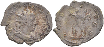 Римская Империя антониниан 257 - 258 Валериан, бюст императора, VALERIANVS P F AVG / бог Соль, ORIENS AVGG, Колония Агриппины (из немецкой коллекции 1-й половины XX века, с владельческим конвертом) RIC 12 серебро 1073-15-105