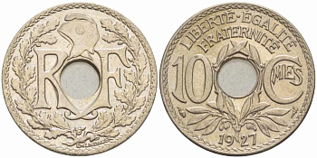ФРАНЦИЯ 10 САНТИМОВ 1927 ТИП ЛИНДАЙЁ KM 866а, LE FRANC 138.14 медно-никель 108-153
