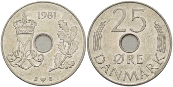 ДАНИЯ 25 ЭРЕ 1981 B; B, МАРГРЕТЕ II (1972-) KM 861.2 медно-никель 94-911