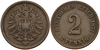 Германия 2 пфеннига 1877 A KM 2, J. 2 медь 4189-825