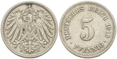 ГЕРМАНИЯ 5 ПФЕННИГОВ 1913 A KM 11, J. 12 медно-никель 105-165