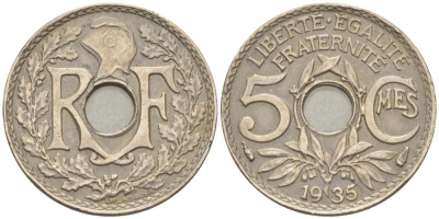 ФРАНЦИЯ 5 САНТИМОВ 1935 ТИП ЛИНДАЙЁ KM 875 медно-никель 3309-1023