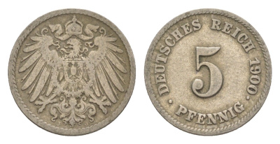 Германия 5 пфеннигов 1900 J, Вильгельм II (1888-1918) KM 11, J. 12 медно-никель 4640-115