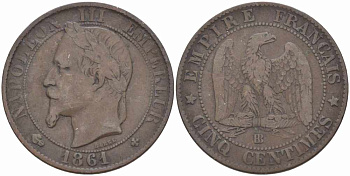 ФРАНЦИЯ 5 САНТИМОВ 1861 BB, НАПОЛЕОН III (1852-1870) KM 797.2, LE FRANC 117.3 бронза 108-457