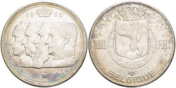 Бельгия 100 франков 1950 Belgique, королевская династия KM 138.1 серебро 1519-115